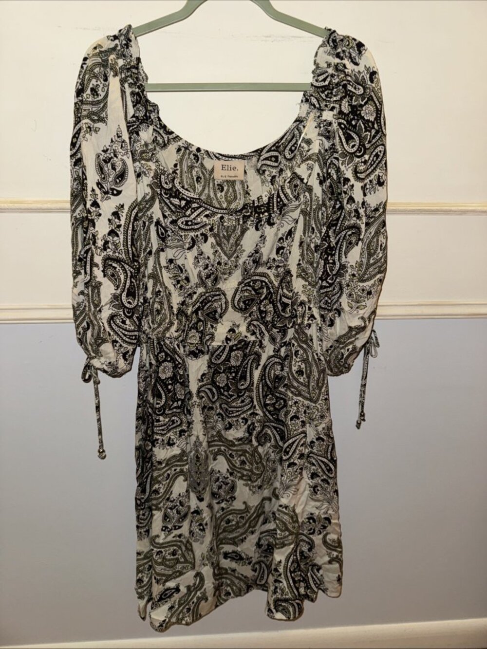 Elie Tahari Bohemian Paisley Print Off Shoulder Dress Black White Tie Sleeves
